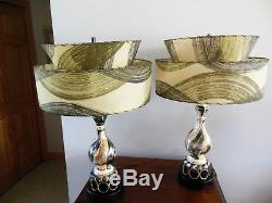 Vintage 1950's Original Pair Electric Table Lamps And Two Tier Fiberglass Shades