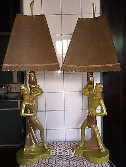 Vintage 1950s 50s L. Benigni Owl Dancers Fiberglass Shades Chalkware Lamps