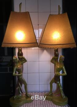 Vintage 1950s 50s L. Benigni Owl Dancers Fiberglass Shades Chalkware Lamps