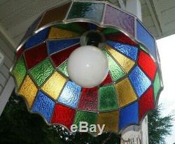 Vintage 1950s 60s Era Leaded Stained Art Glass Hanging Electric Lamp Shade