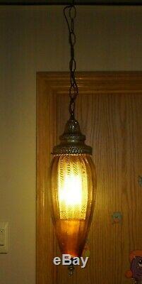 Vintage 1950s 60s Era MCM Electric Hanging Swag Lamp With Amber Glass Shade