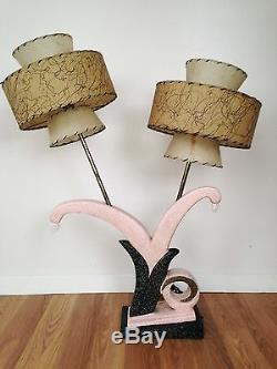Vintage 1950s Mid-Century Atomic Pink Chalkware Lamp with Fiberglass Shades
