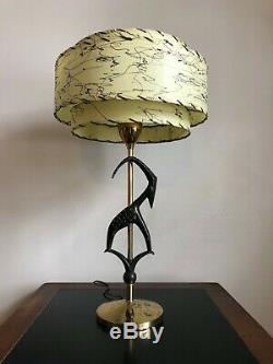 Gazelle Vtg Mid-Century Brass Gazelle Antelope Mounted 26" Table Lamp w/ Black Shade 
