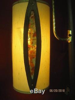 Vintage 1960's Pole Lamp 3 Teak & Linen Shades with plastic stained glass