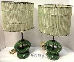Vintage 1960s MCM Green Glazed Ceramic Lamps with Original Shades Set of 2 Vintage 1960s MCM Green Glazed Ceramic Lamps with Original Shades Set of 2