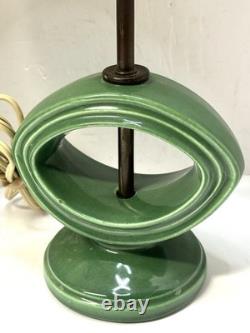 Vintage 1960s MCM Green Glazed Ceramic Lamps with Original Shades Set of 2