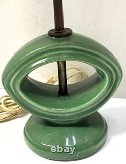 Vintage 1960s MCM Green Glazed Ceramic Lamps with Original Shades Set of 2