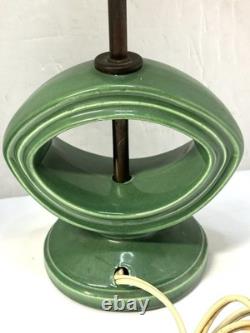 Vintage 1960s MCM Green Glazed Ceramic Lamps with Original Shades Set of 2