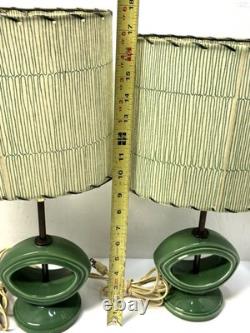 Vintage 1960s MCM Green Glazed Ceramic Lamps with Original Shades Set of 2
