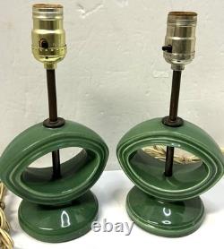 Vintage 1960s MCM Green Glazed Ceramic Lamps with Original Shades Set of 2