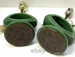 Vintage 1960s MCM Green Glazed Ceramic Lamps with Original Shades Set of 2
