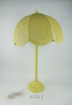 Vintage 1960s Yellow Green Metal Table Lamp Wicker Shade White Globe Mid Century