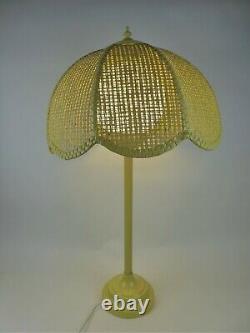 Vintage 1960s Yellow Green Metal Table Lamp Wicker Shade White Globe Mid Century