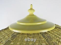 Vintage 1960s Yellow Green Metal Table Lamp Wicker Shade White Globe Mid Century