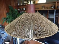 Vintage 1970s Danish Rise and Fall Lamp Teak Fittings with String Shade