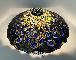 Vintage 1980s Dale Meyda Tiffany Peacock Feather Stained Slag Glass Lampshade