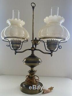 Vintage 2 Arm Cream Glass Lamp Shade Brass Student Desk Hurricane Lamp W Chimney