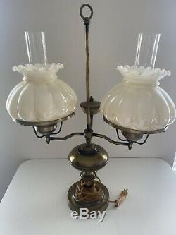 Vintage 2 Arm Cream Glass Lamp Shade Brass Student Desk Hurricane Lamp W Chimney