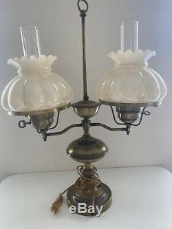 Vintage 2 Arm Cream Glass Lamp Shade Brass Student Desk Hurricane Lamp W Chimney