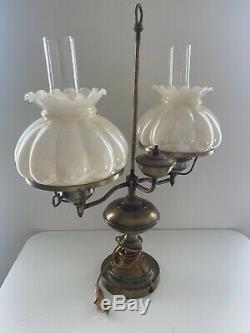 Vintage 2 Arm Cream Glass Lamp Shade Brass Student Desk Hurricane Lamp W Chimney