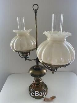 Vintage 2 Arm Cream Glass Lamp Shade Brass Student Desk Hurricane Lamp W Chimney