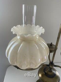 Vintage 2 Arm Cream Glass Lamp Shade Brass Student Desk Hurricane Lamp W Chimney