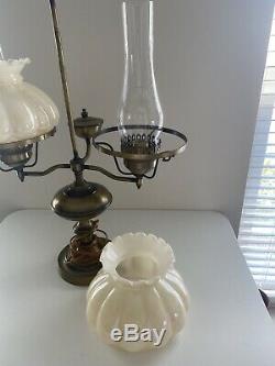 Vintage 2 Arm Cream Glass Lamp Shade Brass Student Desk Hurricane Lamp W Chimney