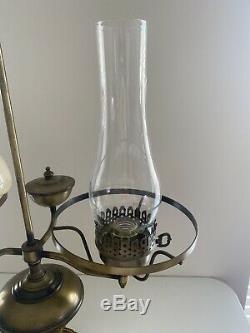 Vintage 2 Arm Cream Glass Lamp Shade Brass Student Desk Hurricane Lamp W Chimney