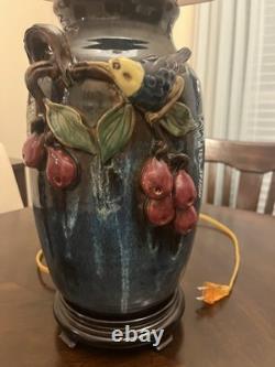 Vintage 29 1/2 High-Relief Studio Art Pottery. Table Lamp-Bird & Fruit motif