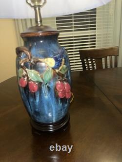 Vintage 29 1/2 High-Relief Studio Art Pottery. Table Lamp-Bird & Fruit motif