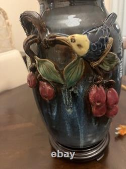 Vintage 29 1/2 High-Relief Studio Art Pottery. Table Lamp-Bird & Fruit motif