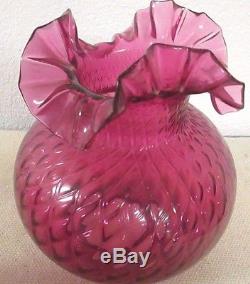Vintage 3 Large Cranberry Swirl Optic Gas Lamp Shade with Crimped Tops
