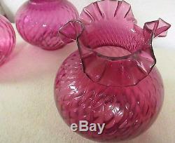 Vintage 3 Large Cranberry Swirl Optic Gas Lamp Shade with Crimped Tops