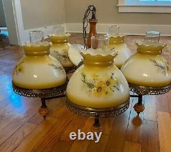 Vintage 5 Light Chandelier Hurricane Lamp Shade Floral Milk Glass- Estate Sale