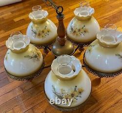 Vintage 5 Light Chandelier Hurricane Lamp Shade Floral Milk Glass- Estate Sale