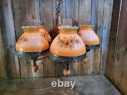 Vintage 5 Light Chandelier Hurricane Lamp Shade Floral Milk Glass- Lawrin USA