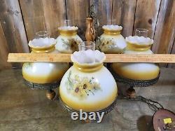 Vintage 5 Light Chandelier Hurricane Lamp Shade Floral Milk Glass- Lawrin USA