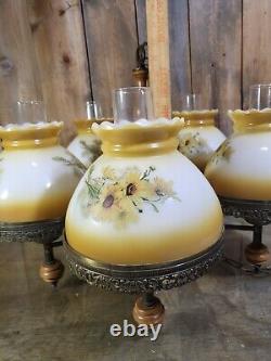 Vintage 5 Light Chandelier Hurricane Lamp Shade Floral Milk Glass- Lawrin USA