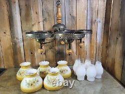 Vintage 5 Light Chandelier Hurricane Lamp Shade Floral Milk Glass- Lawrin USA