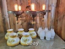 Vintage 5 Light Chandelier Hurricane Lamp Shade Floral Milk Glass- Lawrin USA