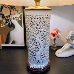 Vintage 50's BLANC DE CHINE Oriental Pierced Column Lamp Asian Embellished Shade