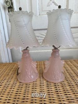 Vintage 50's Pair of Frosted Pink Glass Boudoir lamps Glass Shades Retro