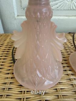 Vintage 50's Pair of Frosted Pink Glass Boudoir lamps Glass Shades Retro