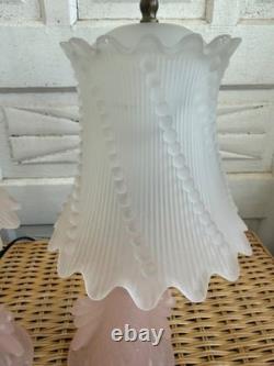 Vintage 50's Pair of Frosted Pink Glass Boudoir lamps Glass Shades Retro