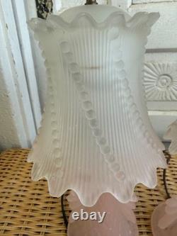 Vintage 50's Pair of Frosted Pink Glass Boudoir lamps Glass Shades Retro