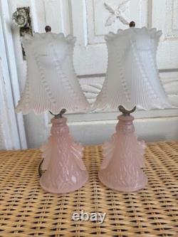 Vintage 50's Pair of Frosted Pink Glass Boudoir lamps Glass Shades Retro