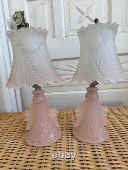 Vintage 50's Pair of Frosted Pink Glass Boudoir lamps Glass Shades Retro
