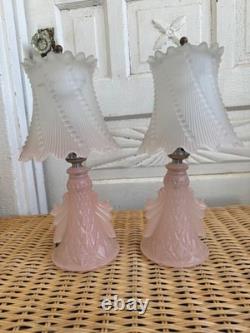 Vintage 50's Pair of Frosted Pink Glass Boudoir lamps Glass Shades Retro