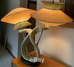 Vintage 50s Chalkware Lamp UFO Saucer Fiberglass Shades Mid Century Modern Rare