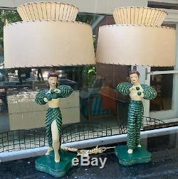 Vintage 50s Flamenco Chalkware Lamps Fiberglass Shades Mid Century Continental